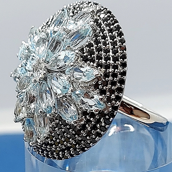 Natural Sky Blue Topaz‎ 6x3mm & Black Spinel 925 Sterling Silver Ring Size 8 - Picture 9 of 10